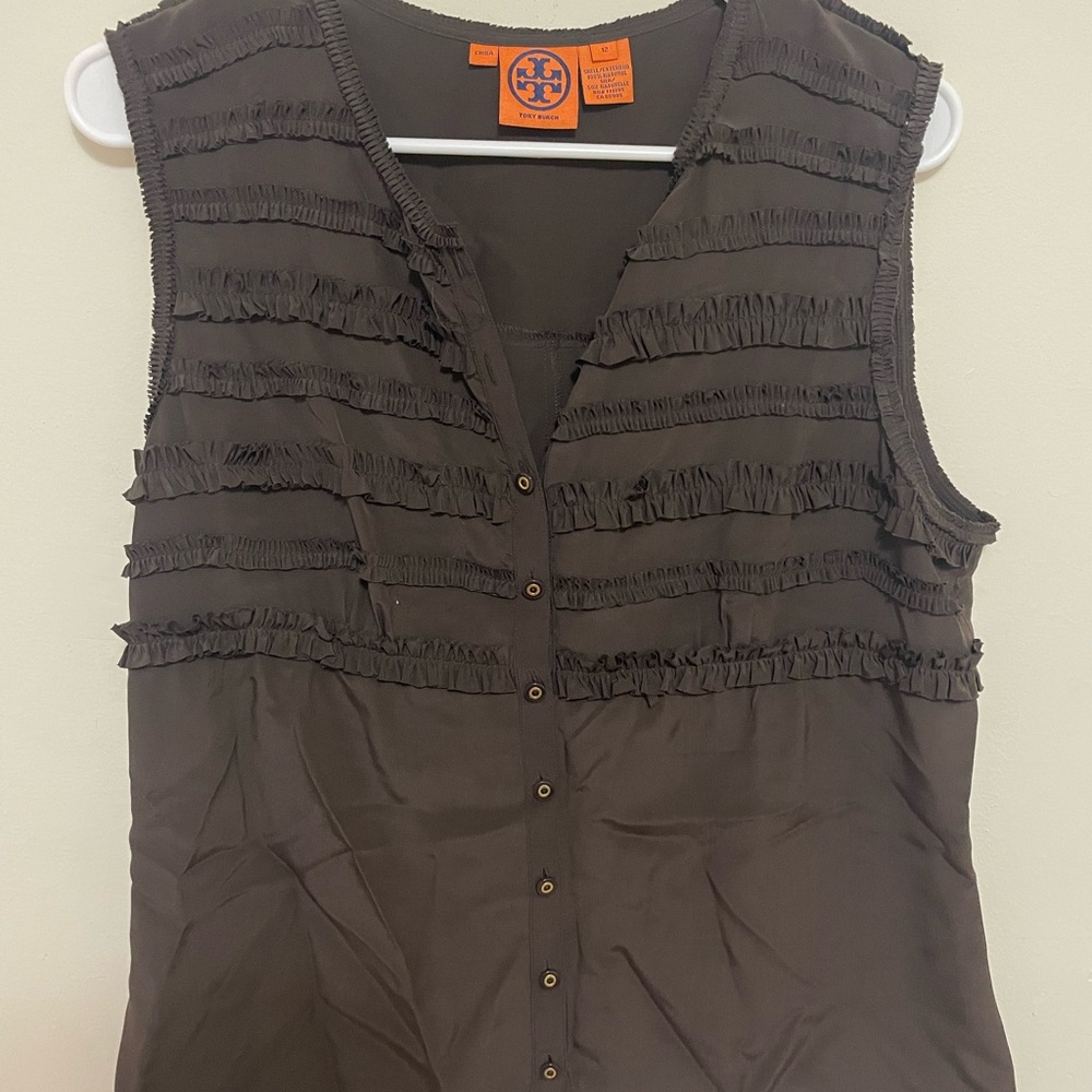 Tory Burch Black Sleeveless Ruffled Blouse